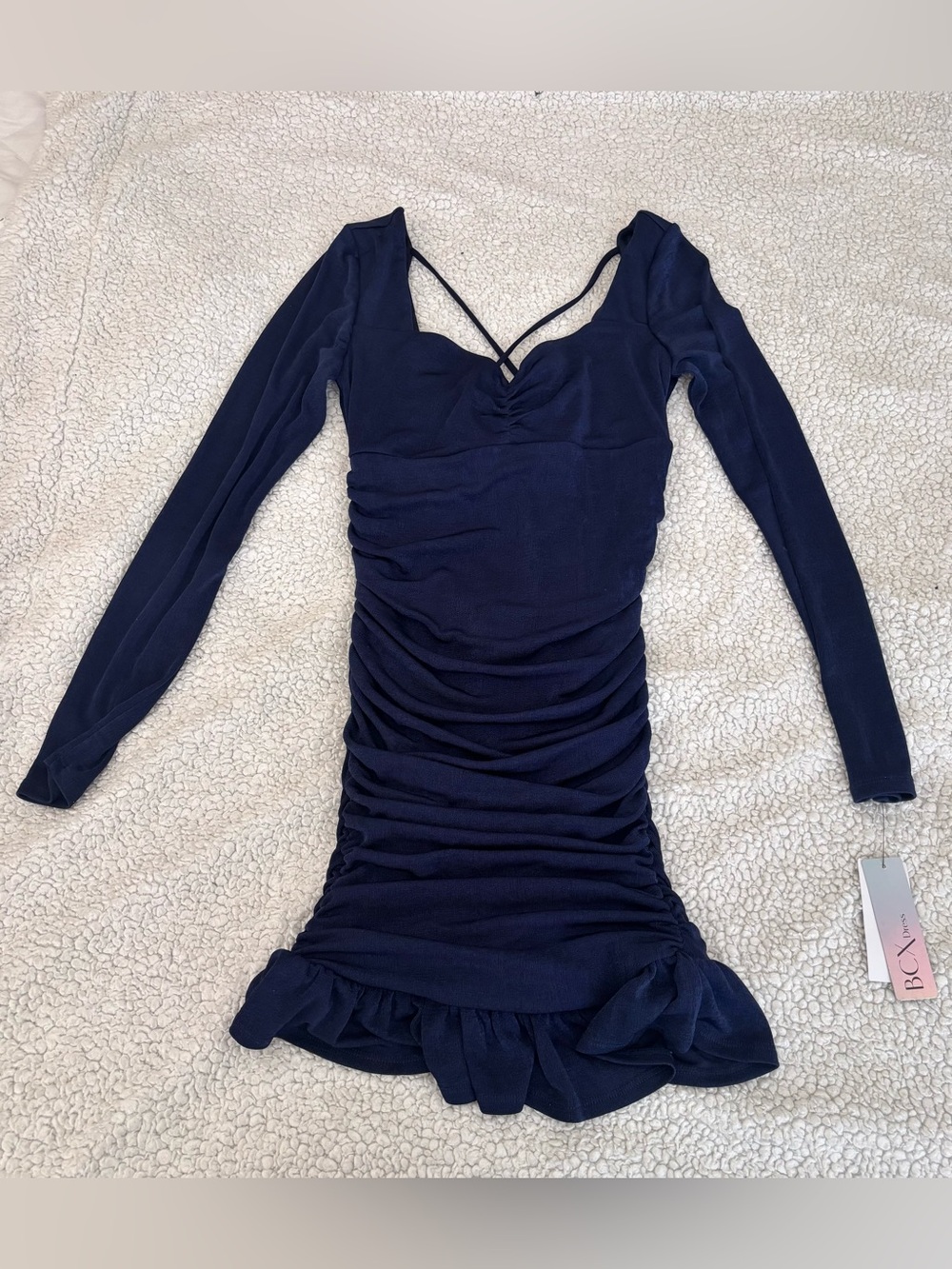 BCX Navy Long-Sleeve Ruched Mini Dress with Strappy Back